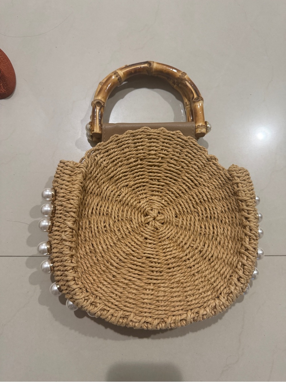 Woven Round Straw Handbag with Pearl Trim and Bamboo Handle - Tan